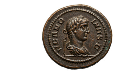 Ancient Roman coin featuring a portrait of a ruler isolated on a clean backdrop, historical artifact for numismatics and educational use