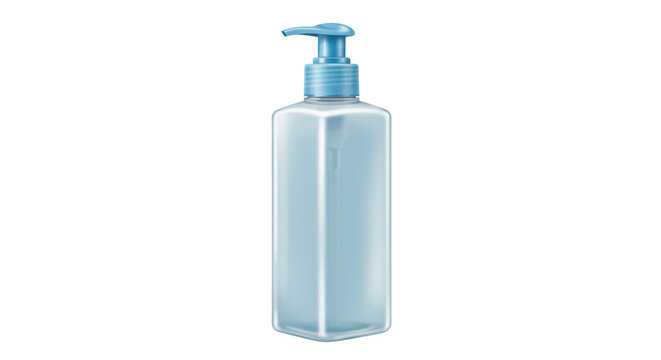 Tall square blue bottle with pump isolated PNG, liquid soap dispenser for bathroom or kitchen on transparent background