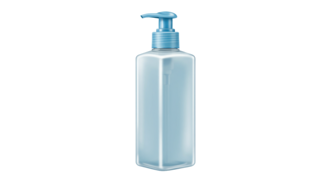 Tall square blue bottle with pump isolated PNG, liquid soap dispenser for bathroom or kitchen on transparent background