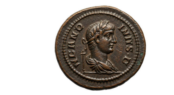 Ancient Roman coin featuring a portrait of a ruler isolated on a clean backdrop, historical artifact for numismatics and educational use