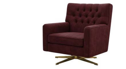 Elegant burgundy swivel armchair isolated, tufted accent chair with gold base for modern living room furniture