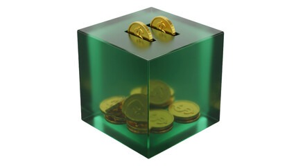 Green cube money box with gold coins isolated, savings concept for finance and investment on...