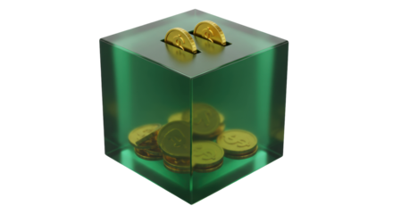 Green cube money box with gold coins isolated, savings concept for finance and investment on transparent background PNG