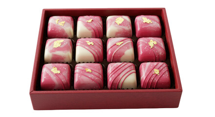 Luxury pink chocolates in a red box isolated on white, gourmet sweets with gold leaf for Valentine s Day or special occasion