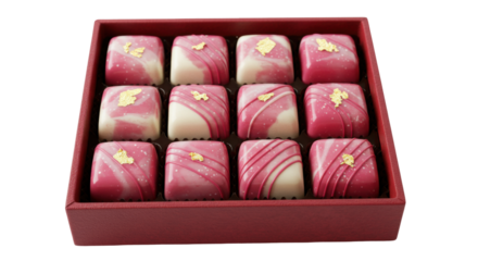 Luxury pink chocolates in a red box isolated on white, gourmet sweets with gold leaf for Valentine s Day or special occasion