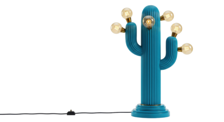 Whimsical turquoise cactus lamp with glowing bulbs isolated on white, fun and quirky lighting for modern interiors PNG