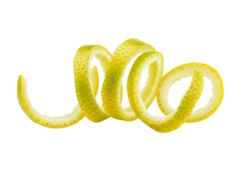 Lemon twist isolated on transparent background, yellow citrus peel garnish for cocktails and culinary decoration PNG
