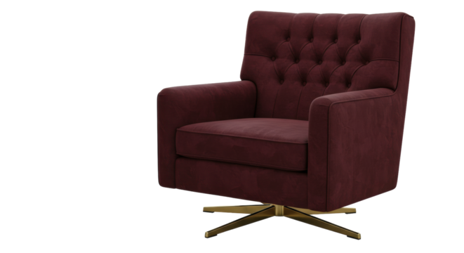 Elegant burgundy swivel armchair isolated, tufted accent chair with gold base for modern living room furniture