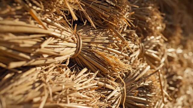 Stacked Straw Bales Texture - A close-up view shows stacks of dry straw bales tied with twine. The warm sunlight accentuates the golden hues of the hay.