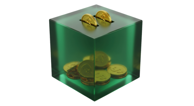 Green cube money box with gold coins isolated, savings concept for finance and investment on transparent background PNG - Powered by Adobe