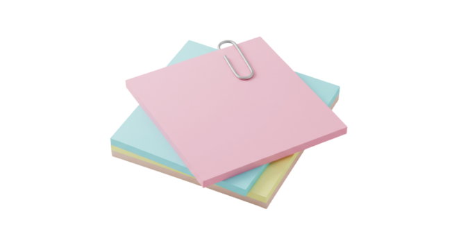 Stack of colorful sticky notes with paper clip isolated on transparent background, office supplies for reminders and organization