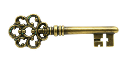 Antique brass skeleton key isolated on transparent background, vintage ornate key for decoration and design use