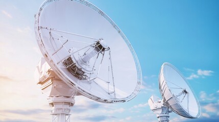 Two large satellite dishes point towards a blue sky with a few white clouds