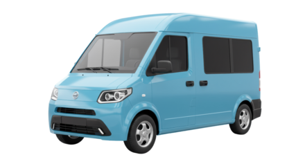 Light blue delivery van isolated, commercial vehicle for transportation and logistics, modern minivan for business and cargo, on transparent background