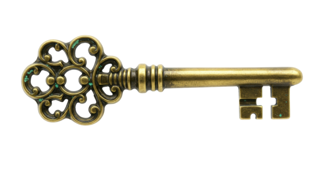Antique brass skeleton key isolated on transparent background, vintage ornate key for decoration and design use