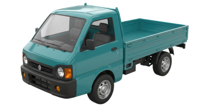 Turquoise mini truck isolated on transparent background, compact utility vehicle for delivery and transport