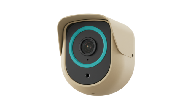 Beige outdoor security camera isolated on transparent background, home surveillance system for safety and protection