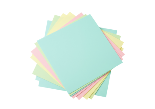 Stack of pastel sticky notes isolated on transparent background, colorful memo papers for office and creative use