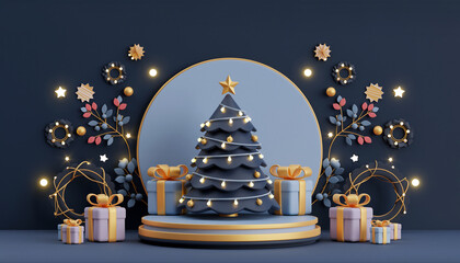 carte de fêtes de fin d'année, illustration 3-d avec sapin, guirlande, étoile