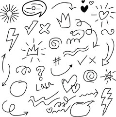 Collection of hand drawn doodle elements including arrows hearts stars lightning bolts and speech bubbles