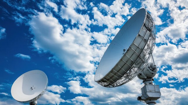 Two white satellite dishes against a blue sky dotted with fluffy clouds - Powered by Adobe