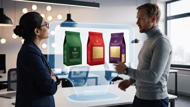 Product Design Presentation with Hologram - Two business professionals are discussing product design using a holographic display. The hologram shows a color wheel, a bottle, and a product package.