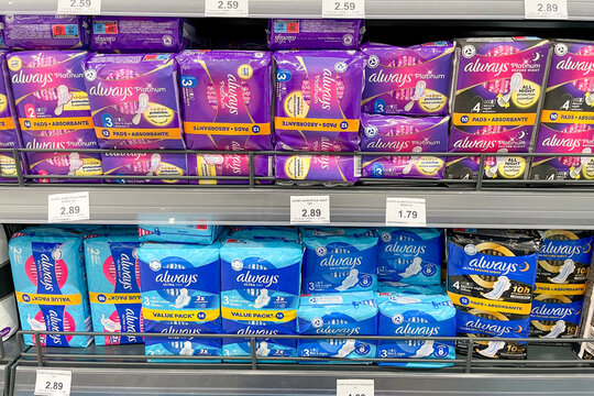 Bar, Montenegro, 17 October 2025, Always female pads on supermarket shelf