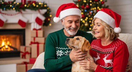 Happy Senior Couple with Puppy Celebrating Christmas
