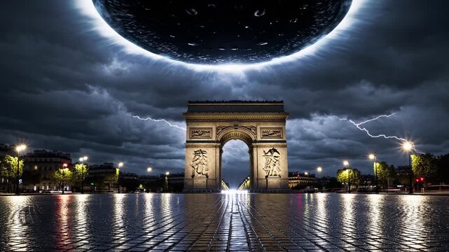 monument arch centered on empty road. street lined with trees and lamps. sky filled with cloud and streaks of lightning around hovering ufo. reflection on water mirrors architecture and lights.