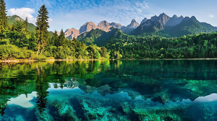 Turquoise lake sits below high mountains, deep clear water and bright trees make a peaceful nature scene