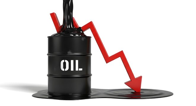 Illustration of oil barrels with a red downward arrow symbolizing falling crude oil prices and market decline