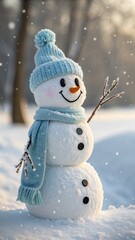 A cheerful snowman wearing a blue hat and scarf waves amid softly falling snow. Surrounded by a snowy winter landscape, it radiates warmth, friendliness, and festive winter charm in a soft, dreamy atm