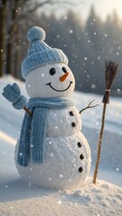 A cheerful snowman wearing a blue hat and scarf waves amid softly falling snow. Surrounded by a snowy winter landscape, it radiates warmth, friendliness, and festive winter charm in a soft, dreamy atm