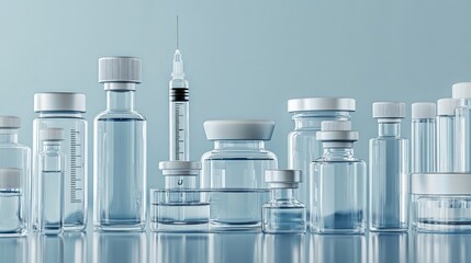 Line of glass vials, bottles, & a syringe filled with clear liquid. Clean