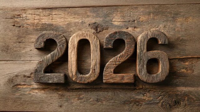 Rustic wooden 2026 numbers on weathered wooden background