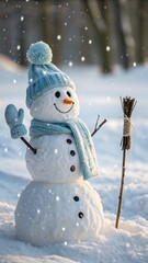 A cheerful snowman wearing a blue hat and scarf waves amid softly falling snow. Surrounded by a snowy winter landscape, it radiates warmth, friendliness, and festive winter charm in a soft, dreamy atm