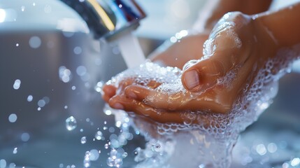 Fototapeta premium National Handwashing Awareness Week. Close-up shot of diverse hands being washed under running water with soap bubbles, water droplets catching light, modern bathroom sink