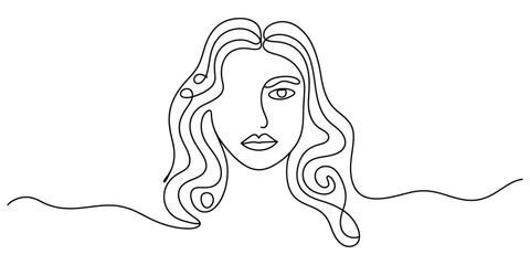 One line drawing of a woman's face with long flowing hair design