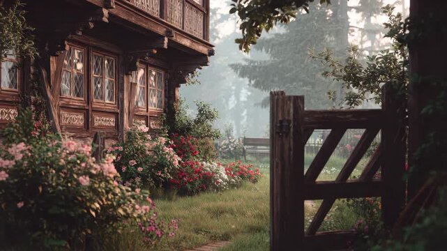 Charming rustic cottage garden with colorful flowers and wooden gate