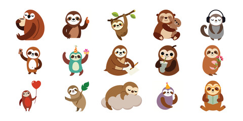Naklejka premium Collection of cute cartoon sloths in various poses and activities for childrens designs