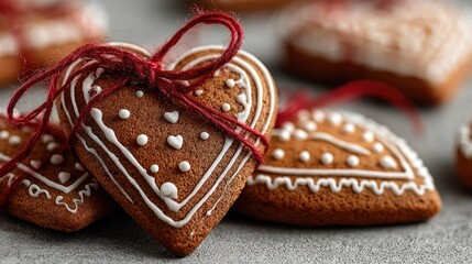 Heart-shaped gingerbread cookies decorated with white icing and tied with a red ribbon, seasonal winter baking for Christmas and New Year. Background for cafes, bakeries, and recipes.