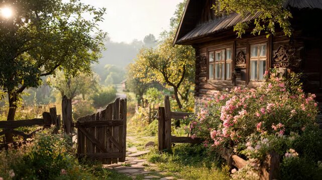 Charming rustic wooden cottage in blooming garden amidst tranquil countryside