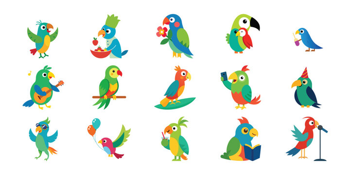 Collection of diverse cartoon parrots with vibrant plumage in various playful poses and expressions