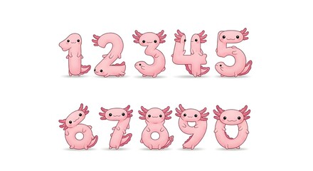 Obraz premium A collection set of 3D rendered numbers (0-9) designed with a playful Axolotl theme, featuring pink colors and amphibian characteristics