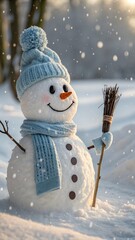 A cheerful snowman wearing a blue hat and scarf waves amid softly falling snow. Surrounded by a snowy winter landscape, it radiates warmth, friendliness, and festive winter charm in a soft, dreamy atm