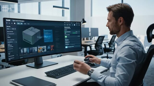 Man Interacting with Secure Asset Management Software - A man in a blue shirt is seen interacting with a desktop computer displaying a sophisticated asset management software interface.
