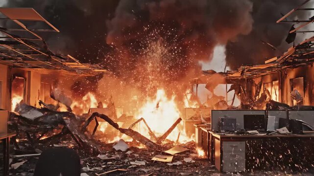 Office Building Fire Destruction - An office space is engulfed in flames, with desks, chairs, and ceiling tiles falling apart amidst the fire and smoke.