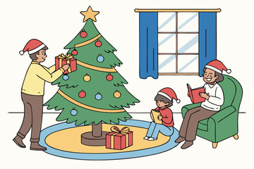 Happy family celebrating Christmas at home. Parents and children reading a book and opening gifts in a cozy living room with a decorated Christmas tree.