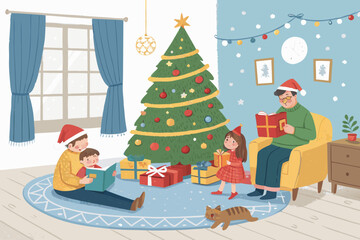 Happy family celebrating Christmas at home. Parents and children reading a book and opening gifts in a cozy living room with a decorated Christmas tree.