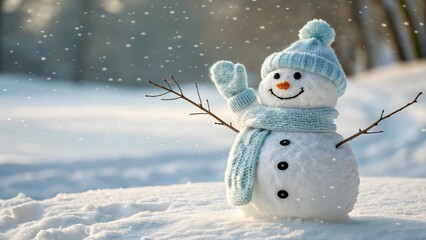 A cheerful snowman wearing a blue hat and scarf waves amid softly falling snow. Surrounded by a snowy winter landscape, it radiates warmth, friendliness, and festive winter charm in a soft, dreamy atm